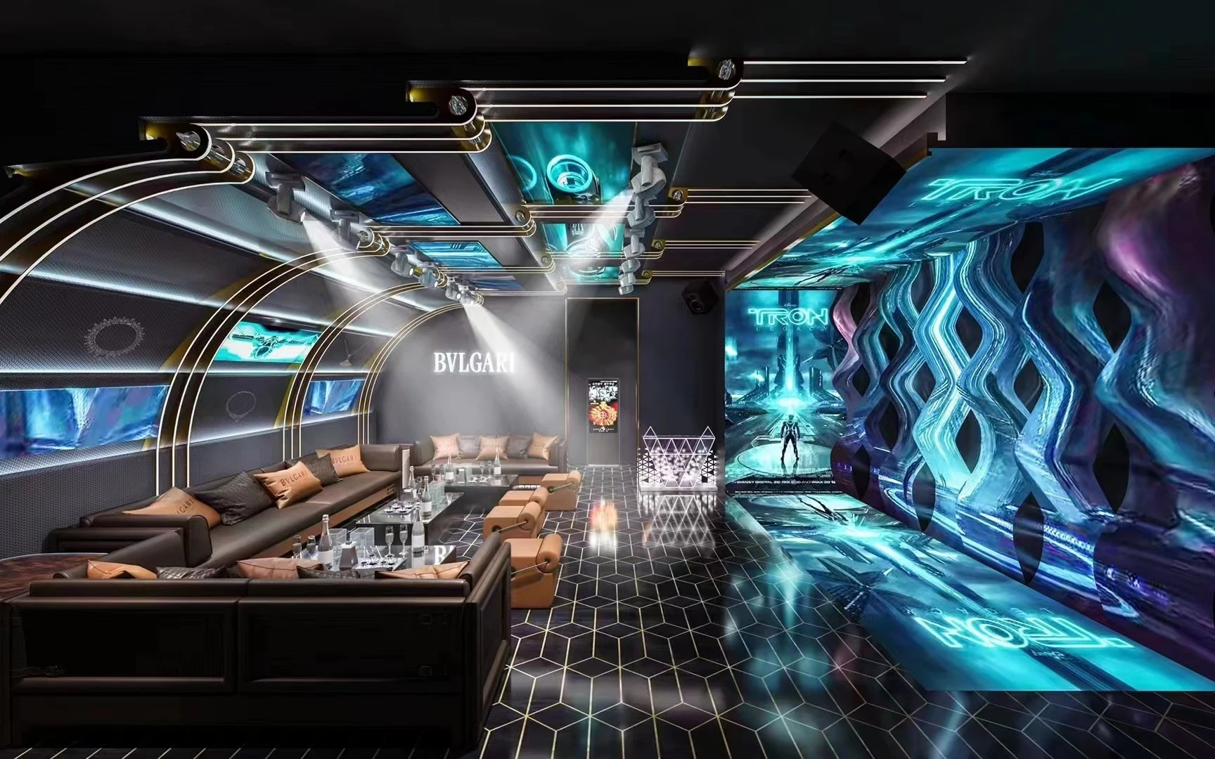 Futuristic KTV design reference: Geometric Light Lounge, with layered decorative lighting