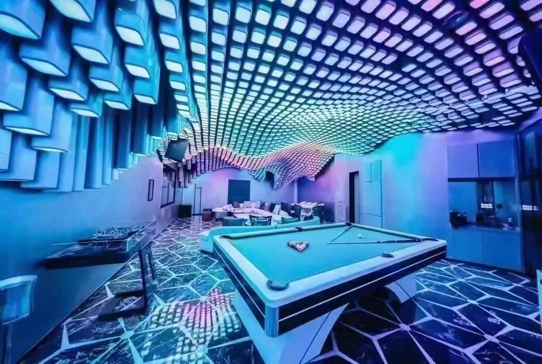 Futuristic KTV design reference: Pixel Canopy, with a luminous ceiling composition