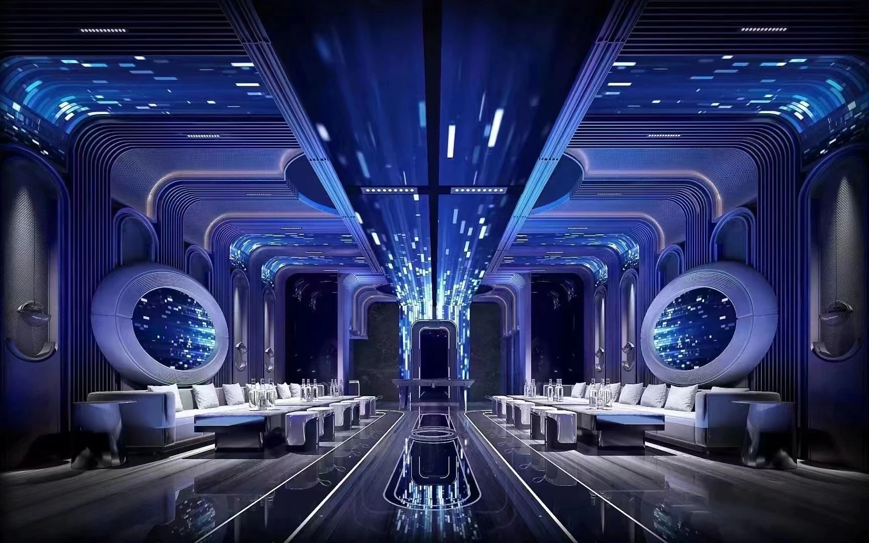 Space KTV design reference: Orbital Lounge, with a luminous ceiling composition