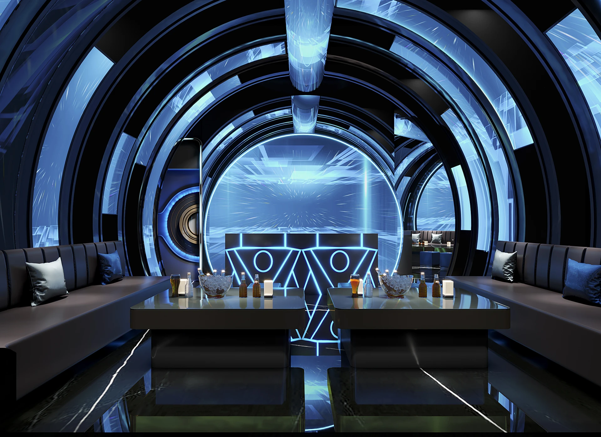 Futuristic KTV design reference: Cyber Lines, with layered decorative lighting