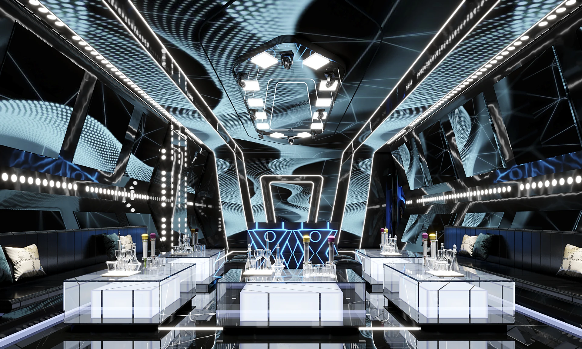 Premium KTV design reference: Silver Atmosphere, with layered decorative lighting