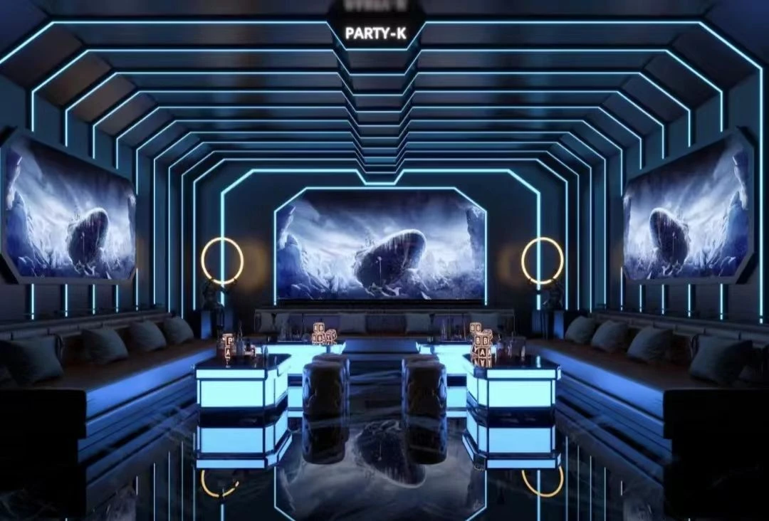 Futuristic KTV design reference: Linear Perspective, with layered decorative lighting