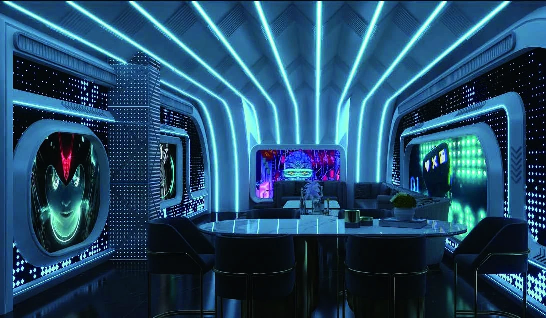 Futuristic KTV design reference: Light Channels, with layered decorative lighting