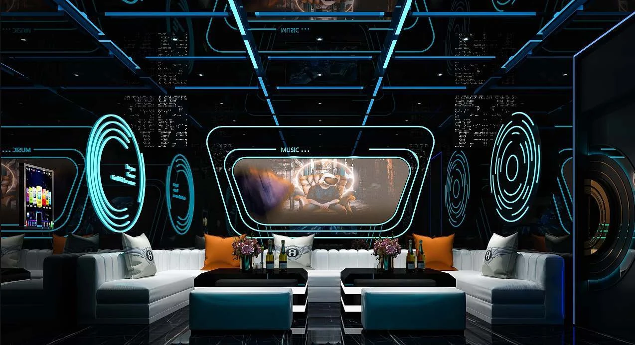 Futuristic KTV design reference: Signal Rings, with layered decorative lighting