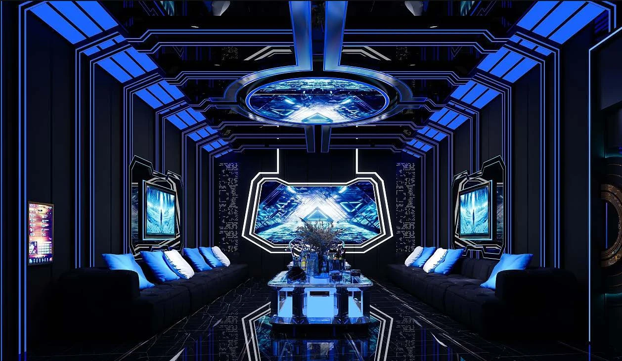 Space KTV design reference: Blue Orbit, with layered decorative lighting