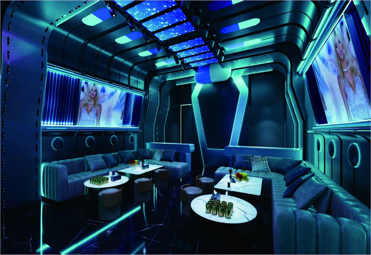 Futuristic KTV design reference: Teal Cabin, with layered decorative lighting