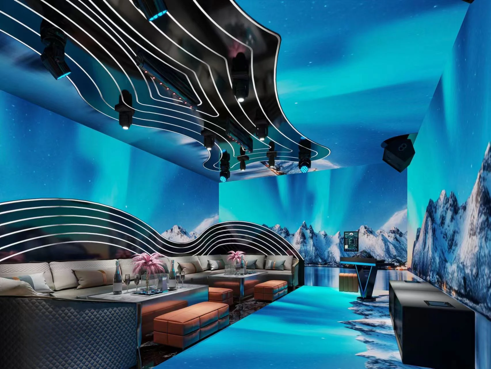 Ocean KTV design reference: Glacier Lounge, with a luminous ceiling composition