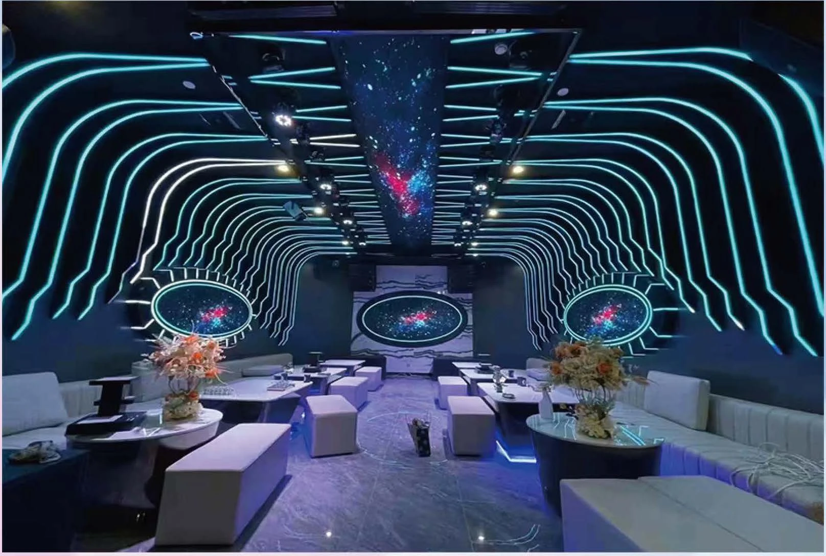 Futuristic KTV design reference: Wave Lines, with layered decorative lighting