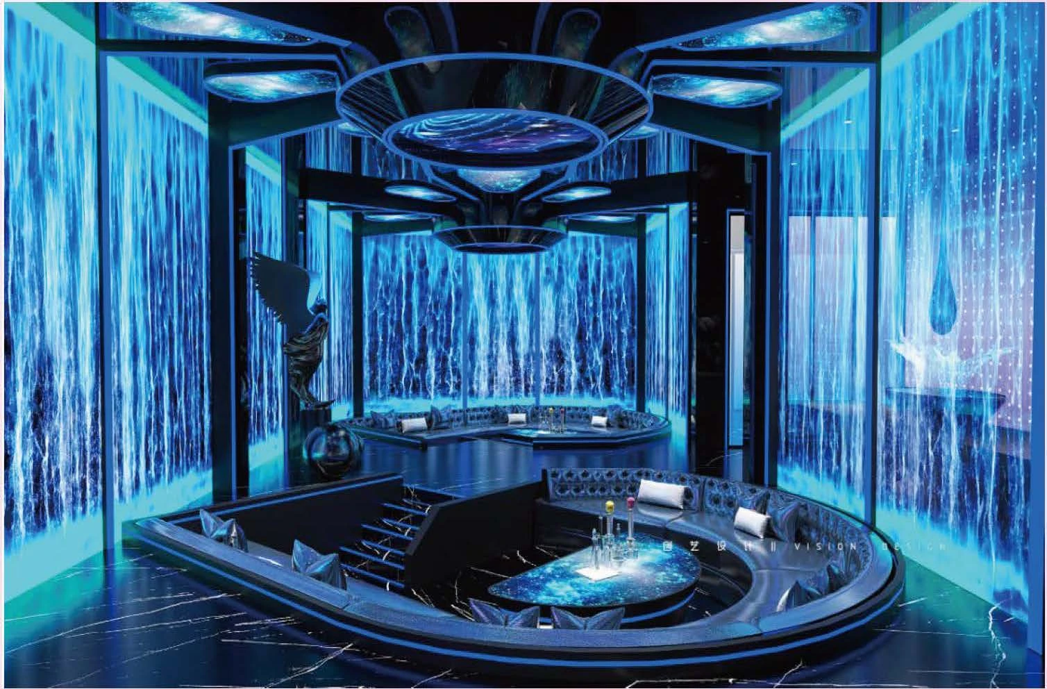 Ocean KTV design reference: Blue Cascade, with a luminous ceiling composition