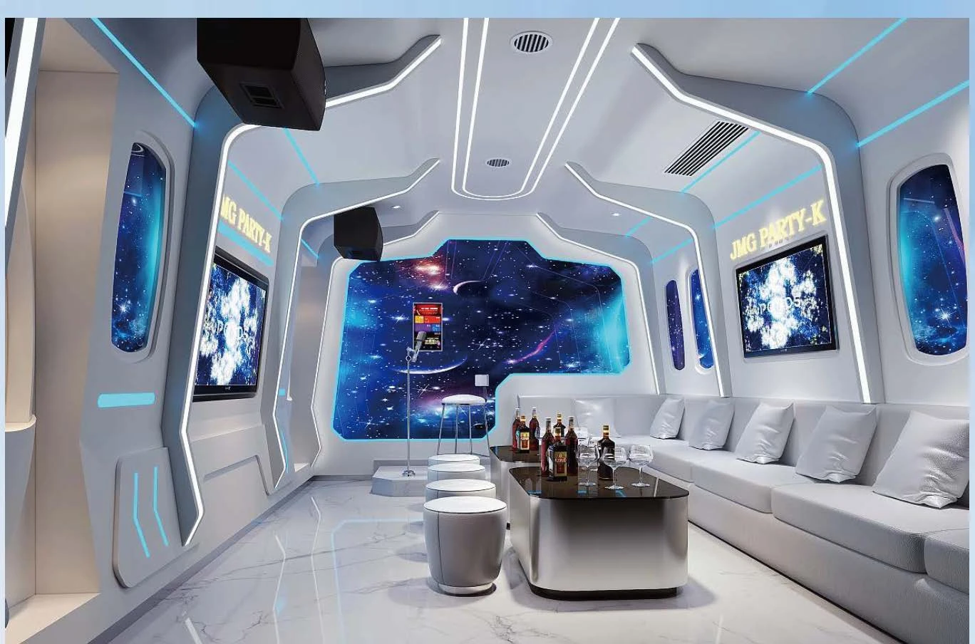 Space KTV design reference: Clean Audiovisual Space, with layered decorative lighting